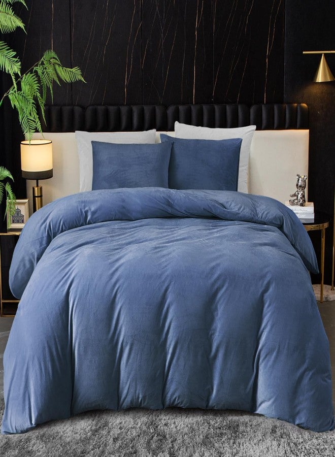 Ivellow Velvet Duvet Cover King Set Blue Comforter Cover 3Pcs Ultra Soft Cover Breathable Solid Luxury Flannel Velour Duvet Cover Zipper Closure Corner Tie - Image 1