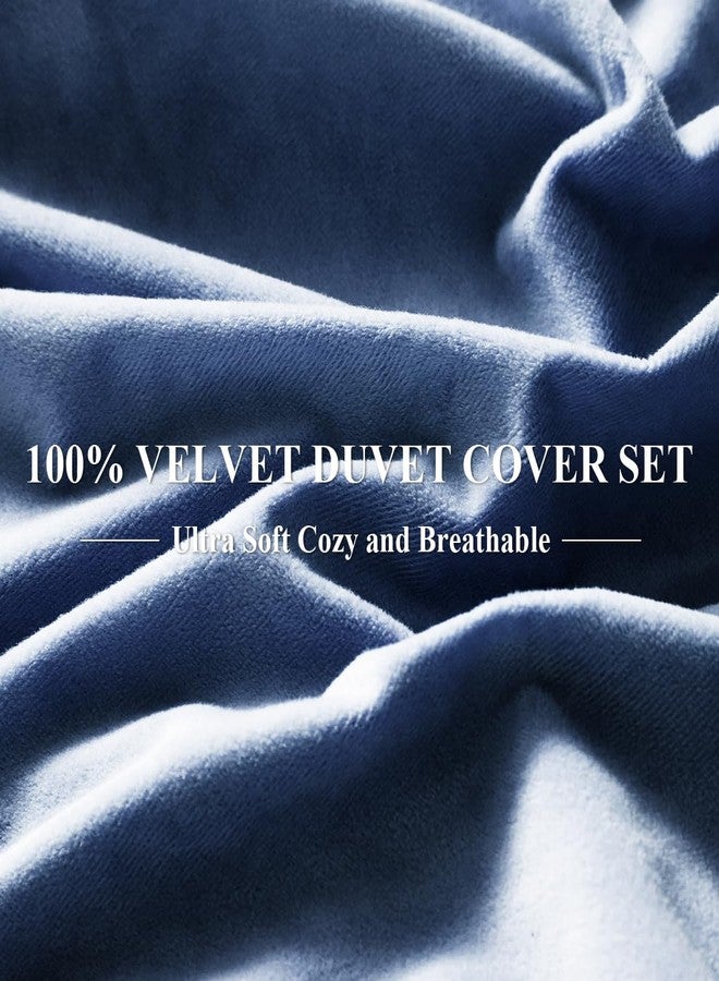 Ivellow Velvet Duvet Cover King Set Blue Comforter Cover 3Pcs Ultra Soft Cover Breathable Solid Luxury Flannel Velour Duvet Cover Zipper Closure Corner Tie - Image 4