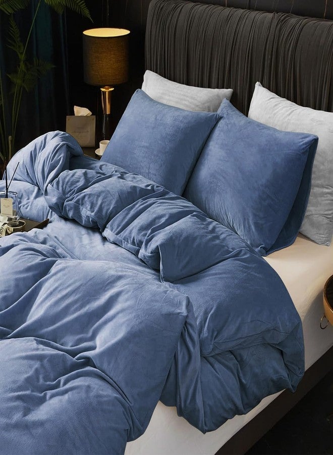 Ivellow Velvet Duvet Cover King Set Blue Comforter Cover 3Pcs Ultra Soft Cover Breathable Solid Luxury Flannel Velour Duvet Cover Zipper Closure Corner Tie - Image 2