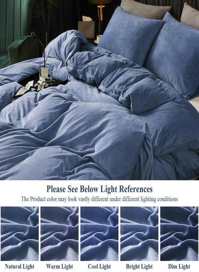 Ivellow Velvet Duvet Cover King Set Blue Comforter Cover 3Pcs Ultra Soft Cover Breathable Solid Luxury Flannel Velour Duvet Cover Zipper Closure Corner Tie - Image 5