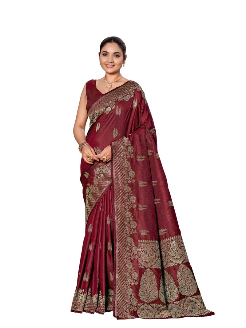 MANOHARI Women's Most Trendy Banarasi Woven Maroon Saree With Heavy Jacquard Work Saree With Blouse Piece - Image 1