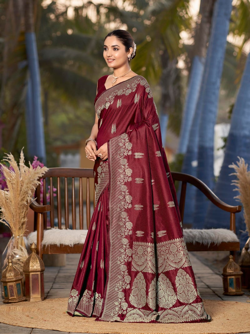 MANOHARI Women's Most Trendy Banarasi Woven Maroon Saree With Heavy Jacquard Work Saree With Blouse Piece - Image 2