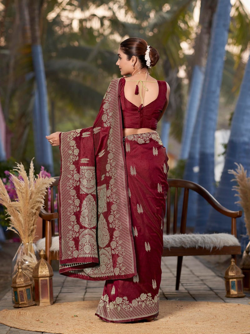 MANOHARI Women's Most Trendy Banarasi Woven Maroon Saree With Heavy Jacquard Work Saree With Blouse Piece - Image 3