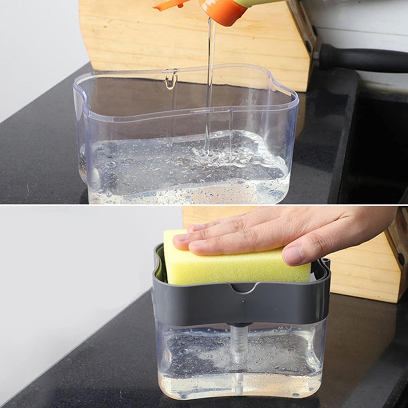 Dish, Press Design Automatic Liquid Dispenser with Sponge Holder for Kitchen Countertop, Transparent ABS Material - Image 1