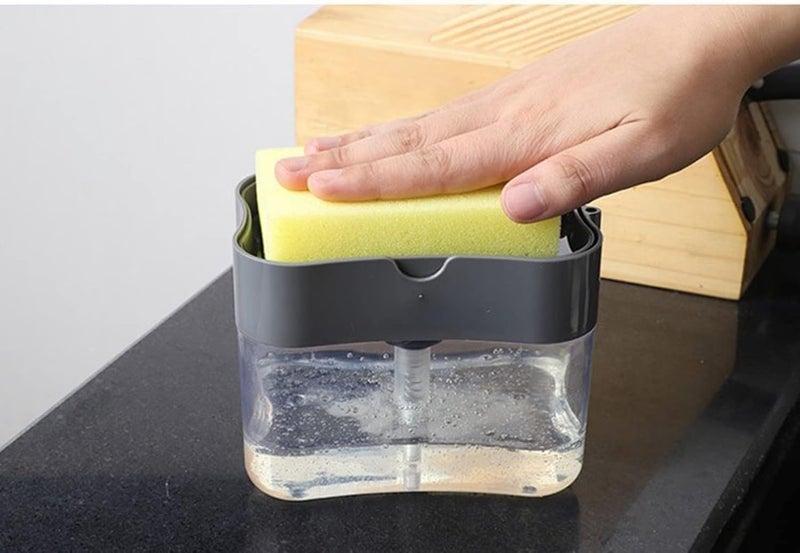 Dish, Press Design Automatic Liquid Dispenser with Sponge Holder for Kitchen Countertop, Transparent ABS Material - Image 3