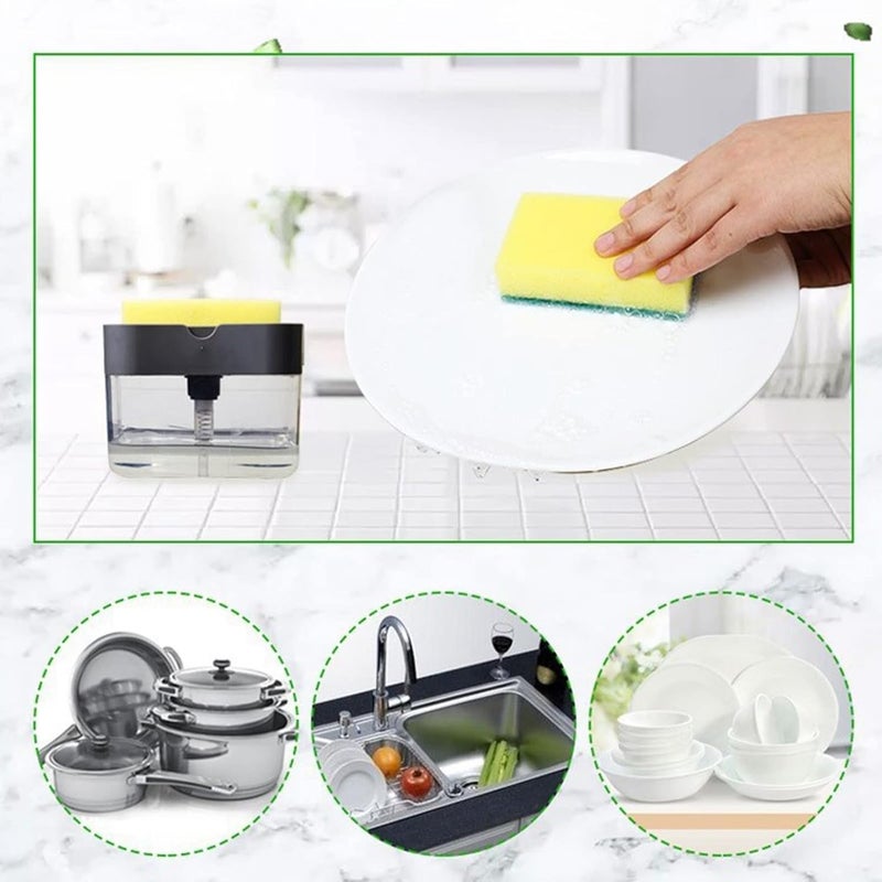 Dish, Press Design Automatic Liquid Dispenser with Sponge Holder for Kitchen Countertop, Transparent ABS Material - Image 5