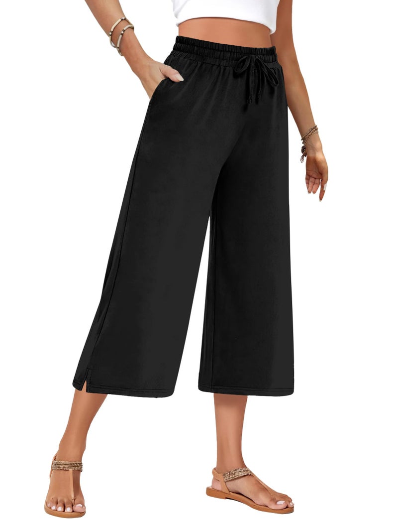 AURUZA Capri Pants for Womens,Wide Leg Drawstring Lounge Casual with Pockets,Loose Comfy Workout Yoga Capris Evryday Wear Black - Image 1