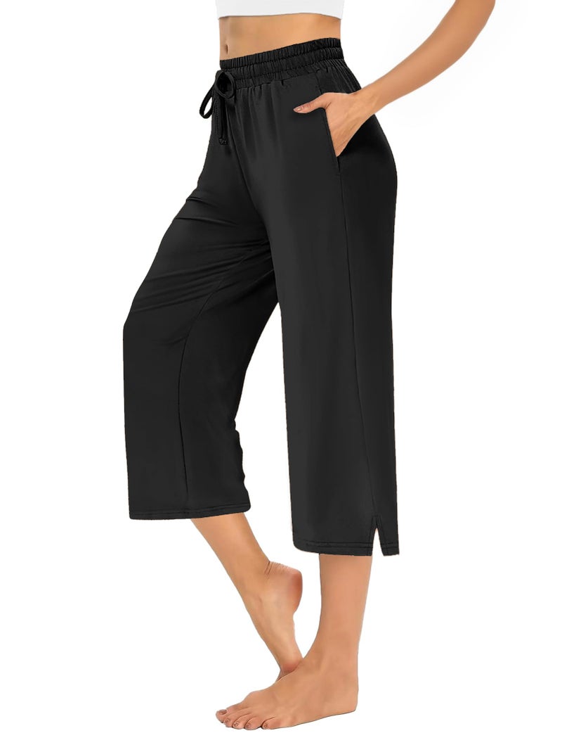 AURUZA Capri Pants for Womens,Wide Leg Drawstring Lounge Casual with Pockets,Loose Comfy Workout Yoga Capris Evryday Wear Black - Image 2