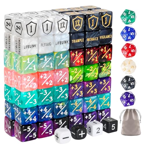 Ravonixis 100 PCS MTG Dice Set Ability Keyword Counters 11 Life Counter Shield Shaped Dice D20 Number Dice Buff Tokens with 2 Velvet Bags for Storage - Image 1