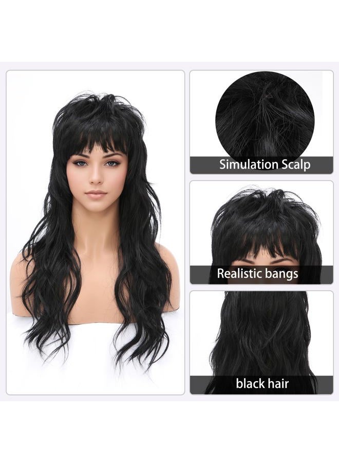 SeclitWu 80s 90s Retro Black Mullet Wigs Pixie Cut Wigs with Bangs for Women Wolf Cut Wig Middle Part Black Synthetic Heat Resistant Fiber Costumes Cosplay Hair Wig for Daily Party Use (22 Inch) - Image 2