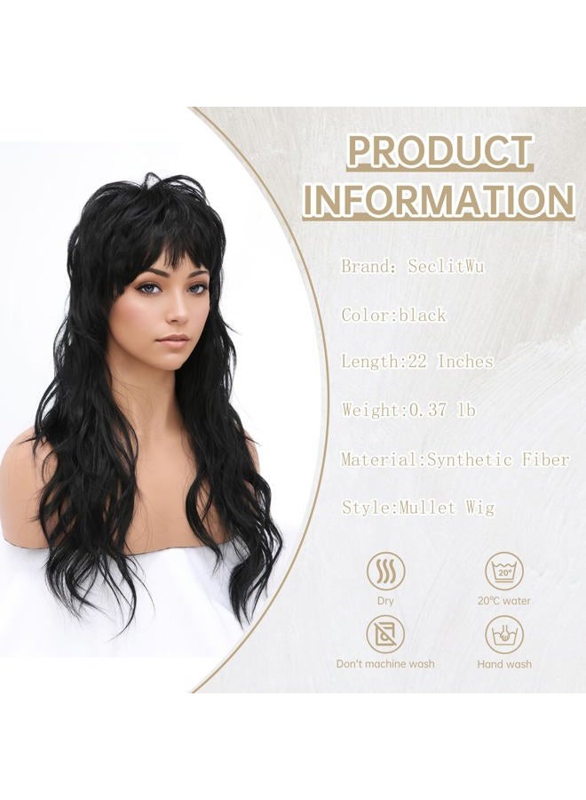 SeclitWu 80s 90s Retro Black Mullet Wigs Pixie Cut Wigs with Bangs for Women Wolf Cut Wig Middle Part Black Synthetic Heat Resistant Fiber Costumes Cosplay Hair Wig for Daily Party Use (22 Inch) - Image 3