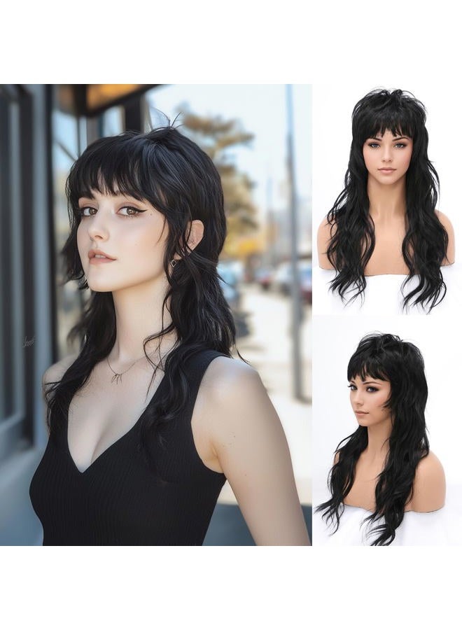 SeclitWu 80s 90s Retro Black Mullet Wigs Pixie Cut Wigs with Bangs for Women Wolf Cut Wig Middle Part Black Synthetic Heat Resistant Fiber Costumes Cosplay Hair Wig for Daily Party Use (22 Inch) - Image 1