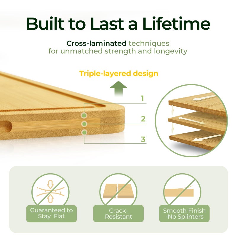 Keechee Wood Cutting Board for Kitchen - Reversible Bamboo Cutting Boards Gift Set of 3 with Juice Groove, Wooden Chopping Board for Meat, Fruit, Vegetables & Cheese (Pre Oiled, Natural) - Image 5