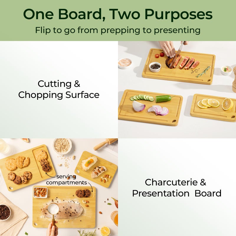 Keechee Wood Cutting Board for Kitchen - Reversible Bamboo Cutting Boards Gift Set of 3 with Juice Groove, Wooden Chopping Board for Meat, Fruit, Vegetables & Cheese (Pre Oiled, Natural) - Image 3