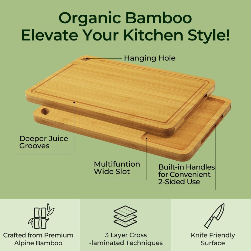 Keechee Wood Cutting Board for Kitchen - Reversible Bamboo Cutting Boards Gift Set of 3 with Juice Groove, Wooden Chopping Board for Meat, Fruit, Vegetables & Cheese (Pre Oiled, Natural) - Image 4