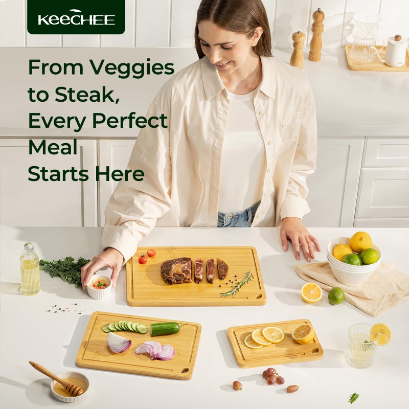 Keechee Wood Cutting Board for Kitchen - Reversible Bamboo Cutting Boards Gift Set of 3 with Juice Groove, Wooden Chopping Board for Meat, Fruit, Vegetables & Cheese (Pre Oiled, Natural) - Image 2
