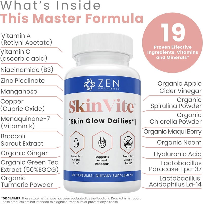 Zen Nutrients SkinVite Natural Skin Supplement for Women Men  Teens  Hormonal Breakouts  Clear Skin Support Supplement  Detoxifying Vitamin for Acne and Digestion Support - Image 3