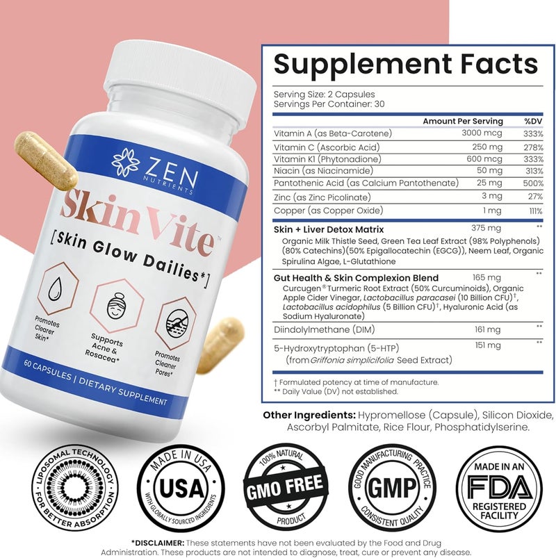 Zen Nutrients SkinVite Natural Skin Supplement for Women Men  Teens  Hormonal Breakouts  Clear Skin Support Supplement  Detoxifying Vitamin for Acne and Digestion Support - Image 5