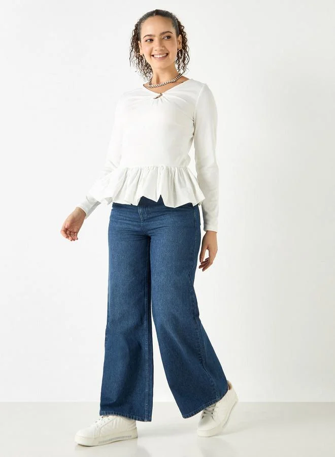 Splash FAV Metal Accent Peplum Top with Long Sleeves