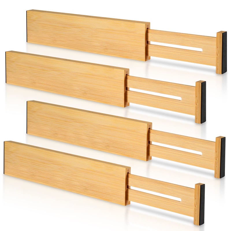 4 Pack Bamboo Drawer Dividers Adjustable Length from 12 Inch to 17 Inch Expandable Kitchen Drawer Organizer Drawer Organization Separators for Clothes Kitchen Bedroom Dresser Office Beige