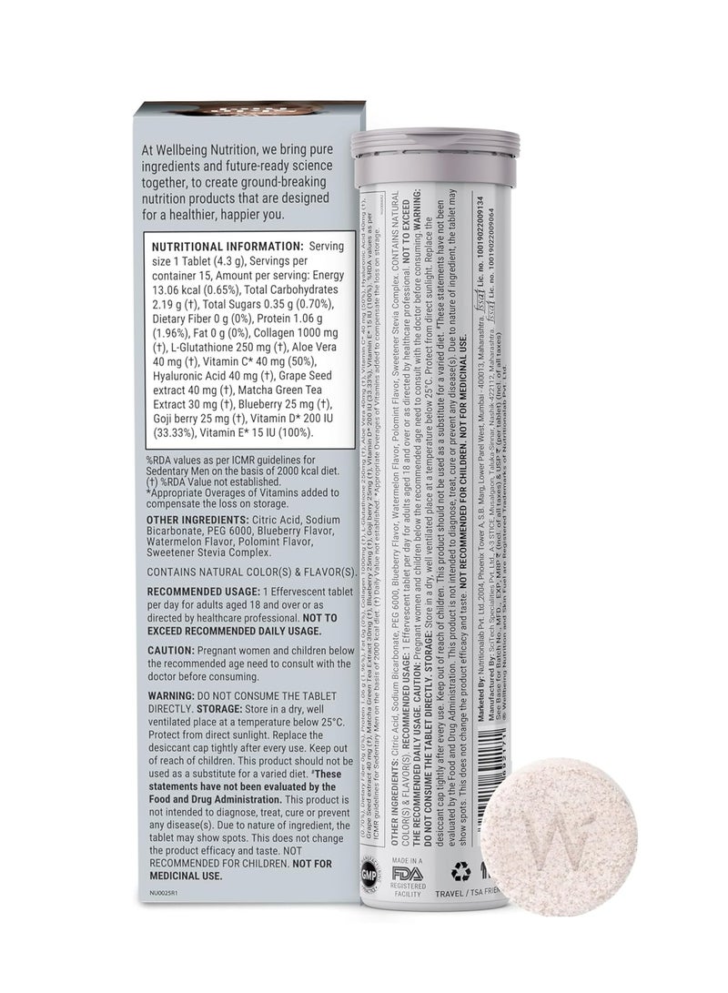 ويلبيينج نيوتريشن سكين فيول | أقراص الجلوتاثيون | بشرة متألقة ومشرقة للرجال والنساء | حمض الهيالورونيك، بذور العنب، فيتامين هـ (15 قرصًا فوارًا) عبوة من قطعتين - Image 3