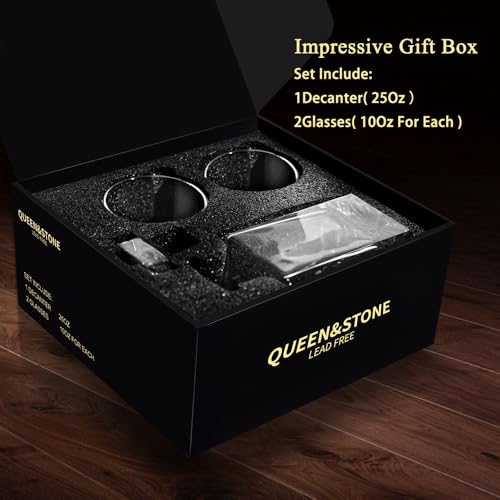 QUEENSTONE LEAD FREE طقم زجاجة ويسكي سعة 25 أونصة مربع مع زجاجتين في صندوق، طقم زجاجة للويسكي، طقم زجاجة نبيذ ويسكي مناسب للرجال والنساء والآباء وزملاء العمل والعشاق - Image 5