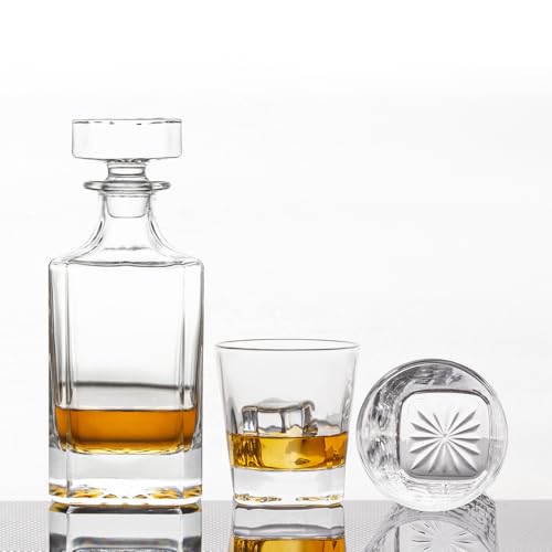 QUEENSTONE LEAD FREE طقم زجاجة ويسكي سعة 25 أونصة مربع مع زجاجتين في صندوق، طقم زجاجة للويسكي، طقم زجاجة نبيذ ويسكي مناسب للرجال والنساء والآباء وزملاء العمل والعشاق - Image 4