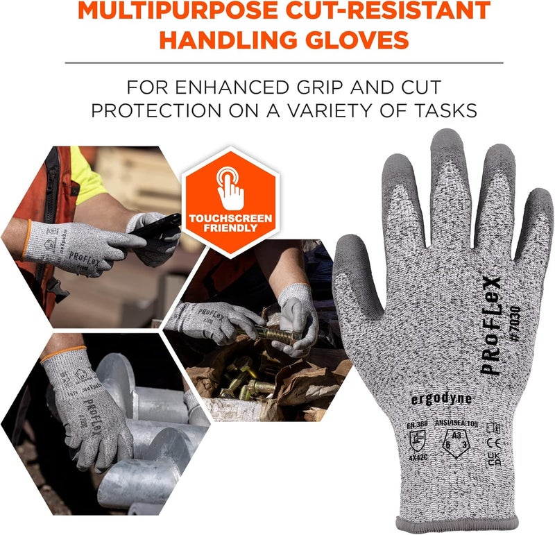 Ergodyne ProFlex 7030 Cut Resistant Work Gloves ANSI A3 PU Coated Palms for Flexible No Slip Grip Abrasion Resistant 13g Gray Medium - Image 2