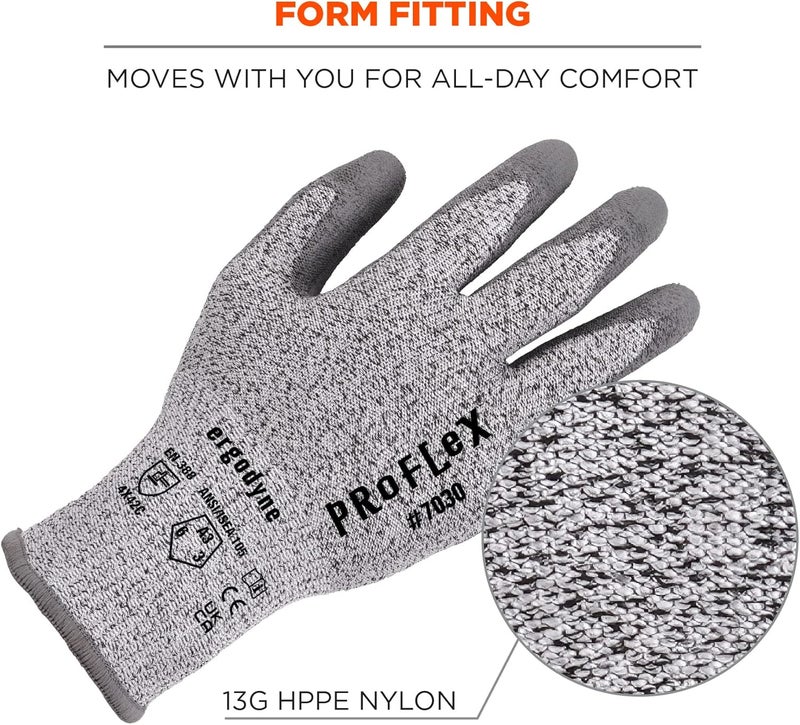 Ergodyne ProFlex 7030 Cut Resistant Work Gloves ANSI A3 PU Coated Palms for Flexible No Slip Grip Abrasion Resistant 13g Gray Medium - Image 5