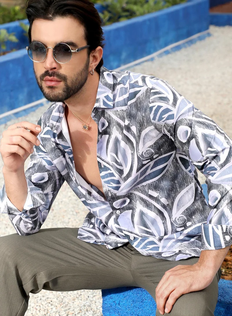 Campus Sutra Men's Charcoal Grey & Prussian Blue Marble Foliage Shirt