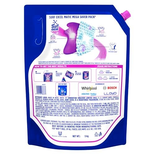 Surf Excel Matic Front Load Liquid Detergent 5Kg Refill Pouch, Specially designed to remove Tough Dried Stains, 1st time in Washing Machine - Image 2