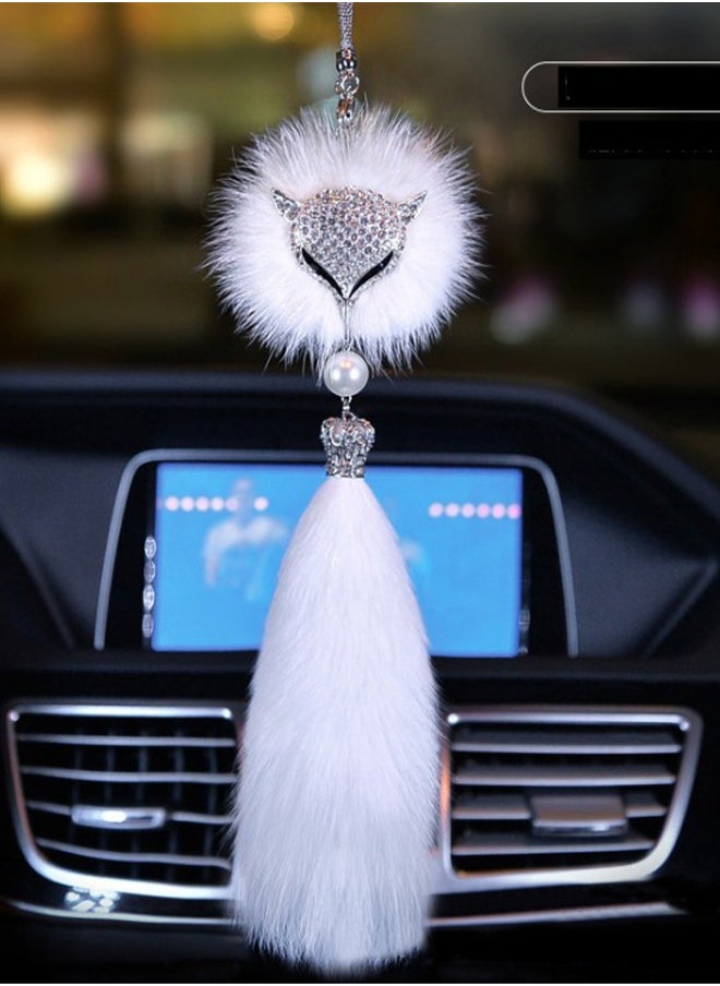 Generic Car View Mirror Decoration,Lucky  Plush Pendant for Women & Men,Cute Rhinestone Fox Head Plush Car Pendant (White)  - Image 1