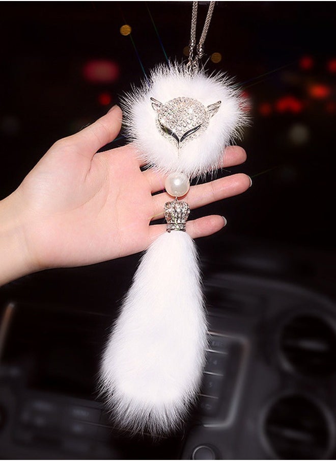 Generic Car View Mirror Decoration,Lucky  Plush Pendant for Women & Men,Cute Rhinestone Fox Head Plush Car Pendant (White)  - Image 2