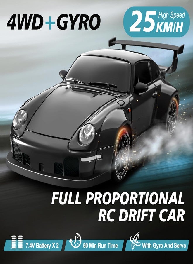 ACAMMZAR RC Drift Car Pro Upgraded with Gyro, 1:24 Full Proportional Remote Control Car, 25KM/H 4WD High Speed RC Cars with Lights, Extra Racing Tires, Vehicle for Adults Kids Boys Girls, Black - Image 2