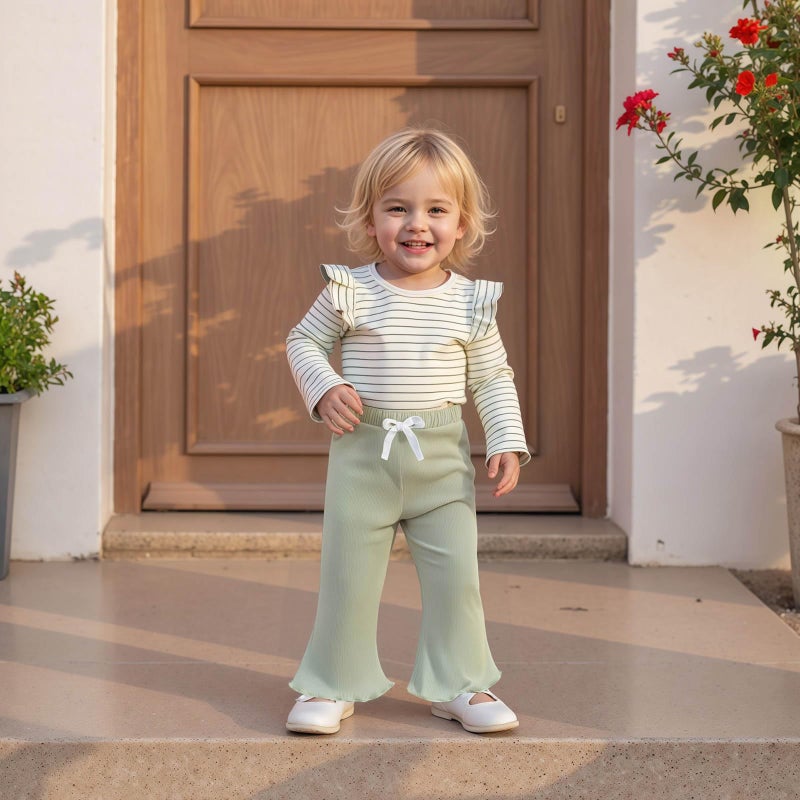FOCUSNORM Toddler Baby Girl Outfits Ruffle Long Sleeve Striped Trim Tops + Flare Pants Set Toddler 2Pcs Fall Winter Clothes (Striped Green, 2-3T) - Image 3