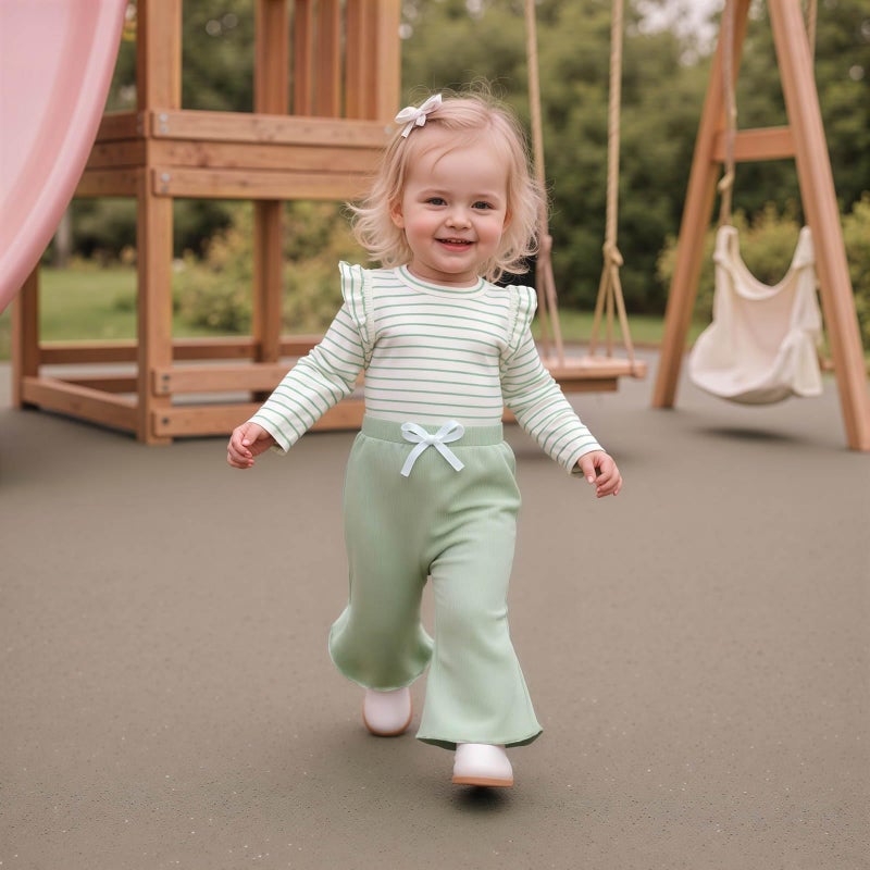 FOCUSNORM Toddler Baby Girl Outfits Ruffle Long Sleeve Striped Trim Tops + Flare Pants Set Toddler 2Pcs Fall Winter Clothes (Striped Green, 2-3T) - Image 2