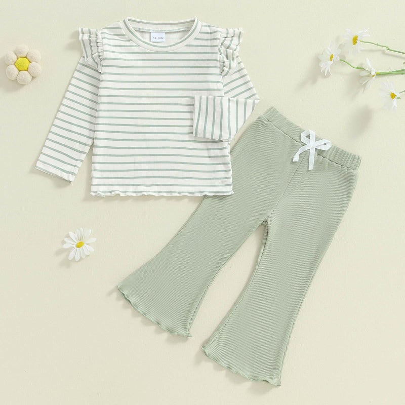 FOCUSNORM Toddler Baby Girl Outfits Ruffle Long Sleeve Striped Trim Tops + Flare Pants Set Toddler 2Pcs Fall Winter Clothes (Striped Green, 2-3T) - Image 5