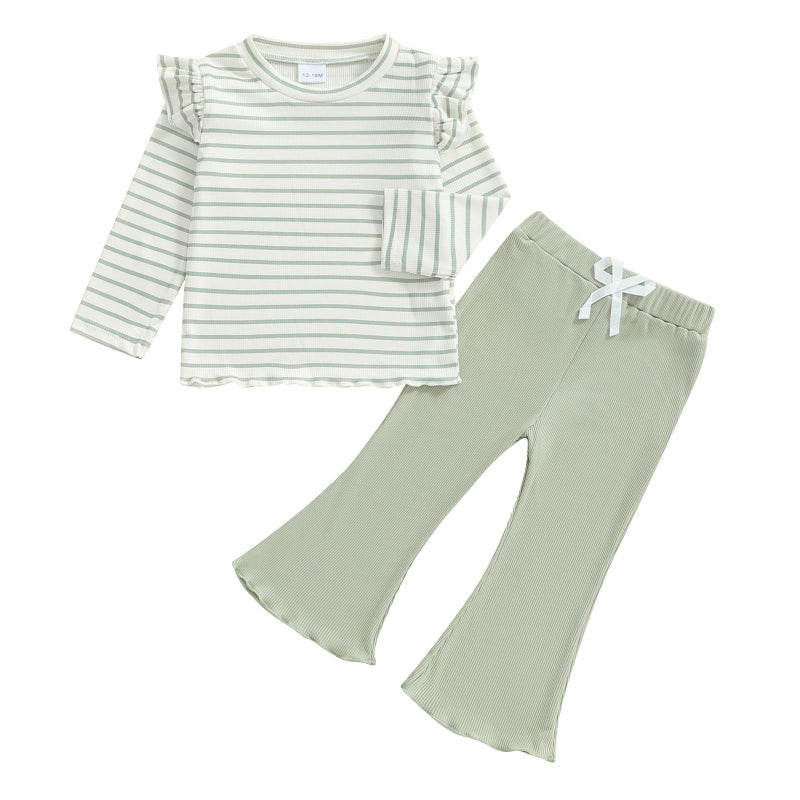 FOCUSNORM Toddler Baby Girl Outfits Ruffle Long Sleeve Striped Trim Tops + Flare Pants Set Toddler 2Pcs Fall Winter Clothes (Striped Green, 2-3T) - Image 1