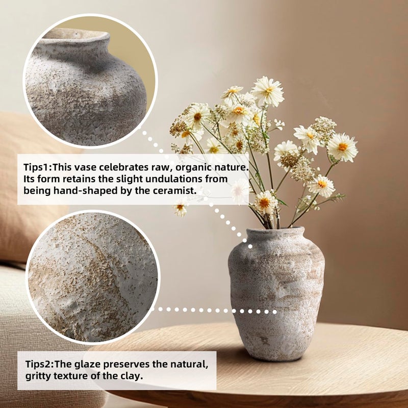 DIF DECO Ceramic Farmhouse Vase Rustic Decor,Pottery Decorative Flower Vases for Home Decor,Boho Vase for Table, Living Room,Bathroom,Shelf,Mantel Decoration,7.7 inch - Image 4