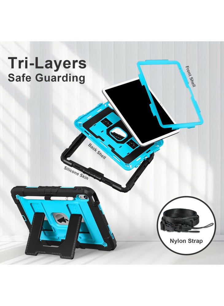 For iPad (2025)/iPad 10.9 (2022) Case with Kickstand Strap Anti Drop PC+Silicone Tablet Cover - Black/Blue - Image 2