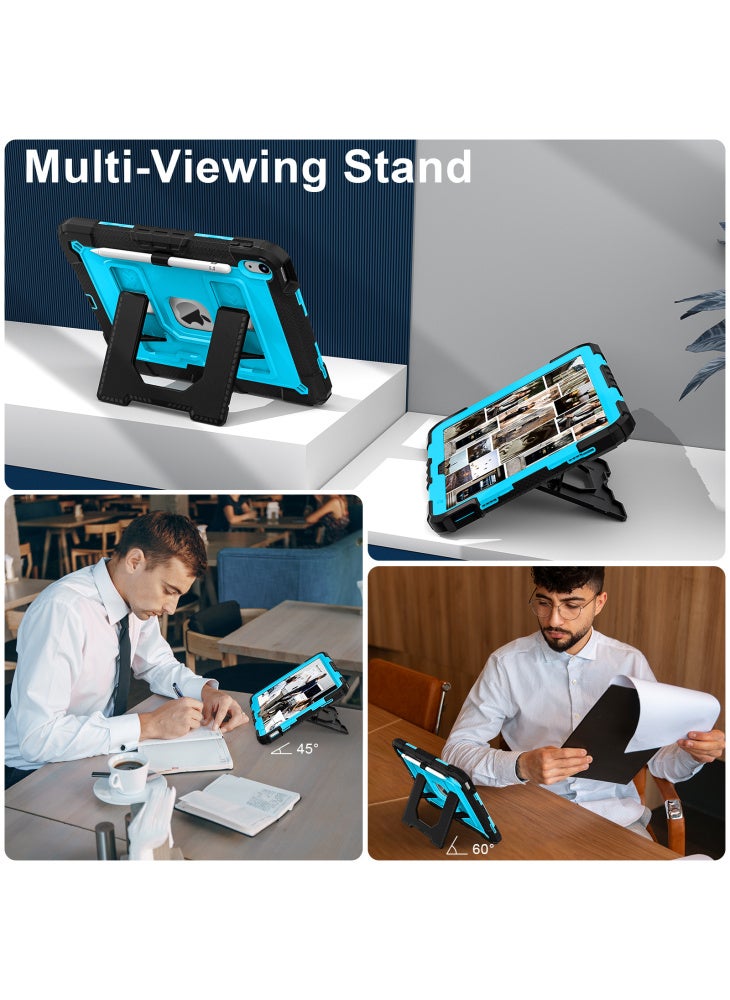 For iPad (2025)/iPad 10.9 (2022) Case with Kickstand Strap Anti Drop PC+Silicone Tablet Cover - Black/Blue - Image 5