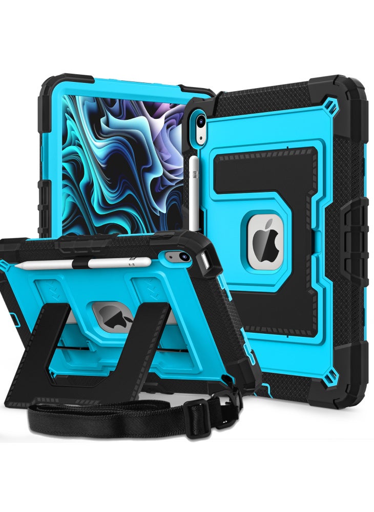 For iPad (2025)/iPad 10.9 (2022) Case with Kickstand Strap Anti Drop PC+Silicone Tablet Cover - Black/Blue - Image 1