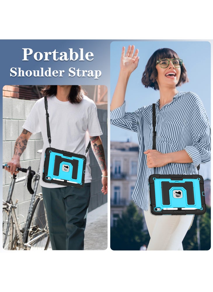For iPad (2025)/iPad 10.9 (2022) Case with Kickstand Strap Anti Drop PC+Silicone Tablet Cover - Black/Blue - Image 4