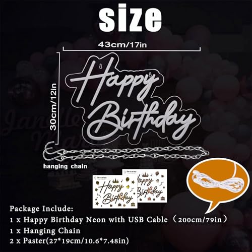 BerniceKelly Happy Birthday Neon Sign for Wall Decor, 17×12 Inch Warm White LED Neon Light Signs, Art Decoration Happy Birthday Neon Light Sign for All Birthday Party Decoration with 2 Pcs Pasters - Image 3