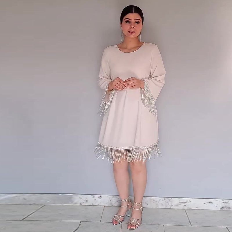 2025 Autumn New Women'S Loose Fashion Solid Color Tassel Round Neck Dress - Image 1