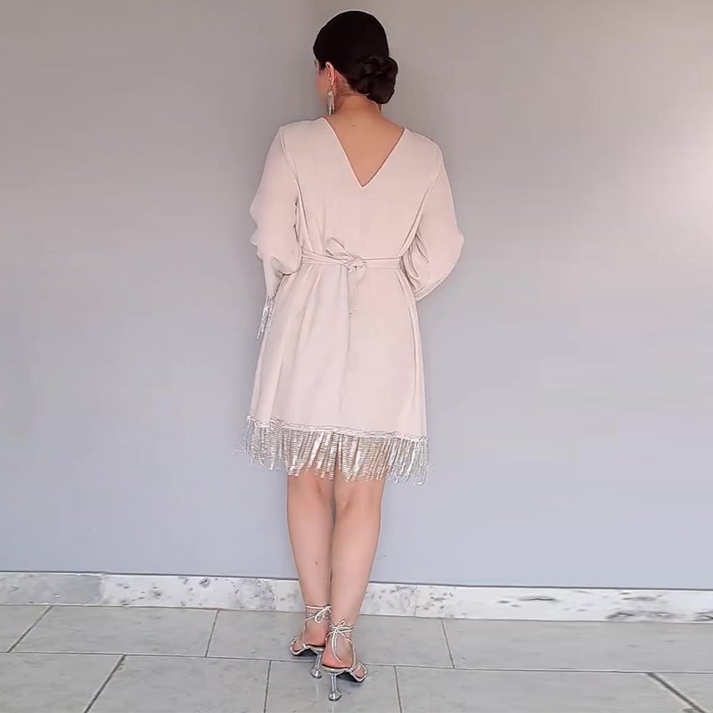 2025 Autumn New Women'S Loose Fashion Solid Color Tassel Round Neck Dress - Image 5
