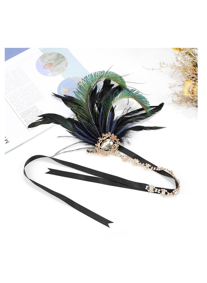 إسكدنيا Crystal Feather Flapper Headpiece, Black Rhinestone Headband, Classial Black and Green Feather, 1920s Hair Accessories for Women Vintage Festival Prom Costume, Rhinestone Gatsby Hair Accessories - Image 2