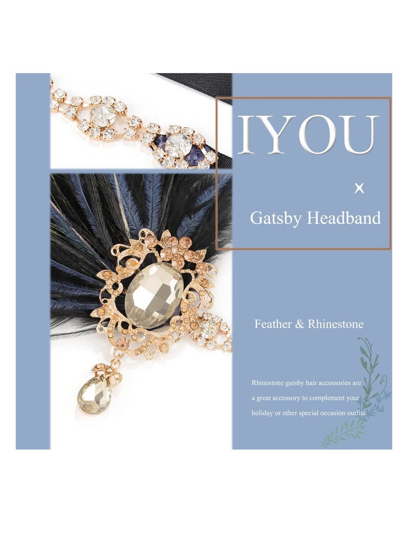 إسكدنيا Crystal Feather Flapper Headpiece, Black Rhinestone Headband, Classial Black and Green Feather, 1920s Hair Accessories for Women Vintage Festival Prom Costume, Rhinestone Gatsby Hair Accessories - Image 5