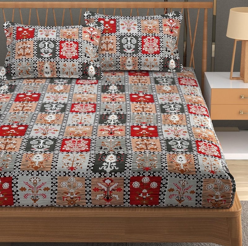 Furnofy Premium Christmas-Themed Geometric Printed Double Bedsheet Set – Multicolor (90x100 Inches) with 2 Pillow Covers – Flat Cotton Fabric - Image 1