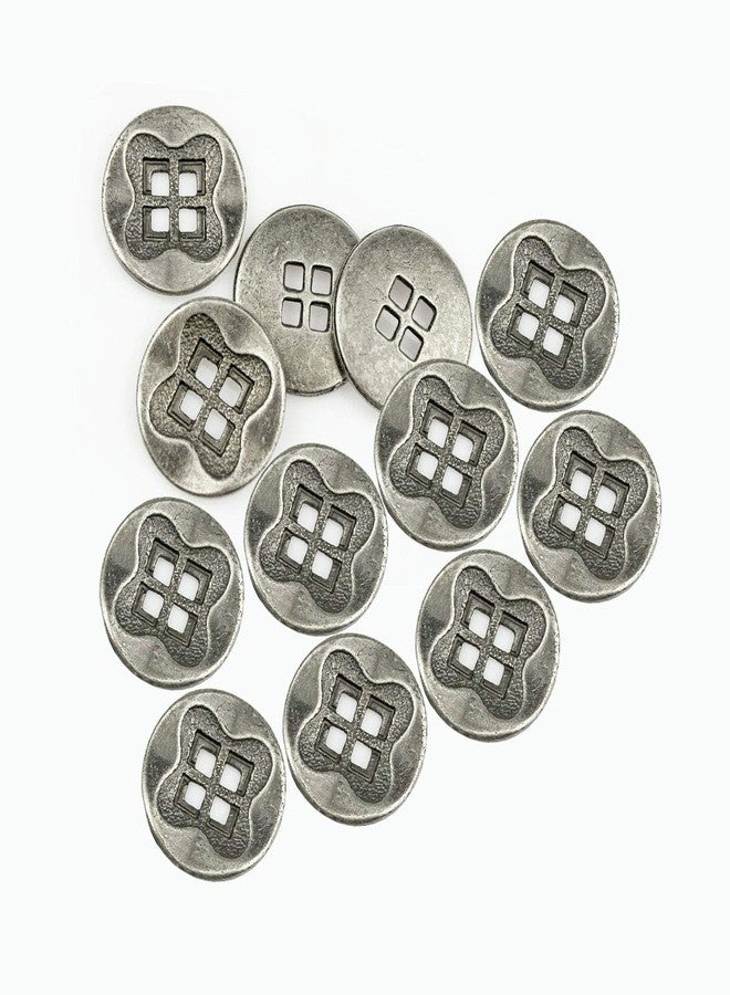 RECHERE 12 PCS Antique Flower Pattern Flat Metal Buttons 4-Hole Craft for DIYS Sewing Embellishment (Antique Silver,28mm)